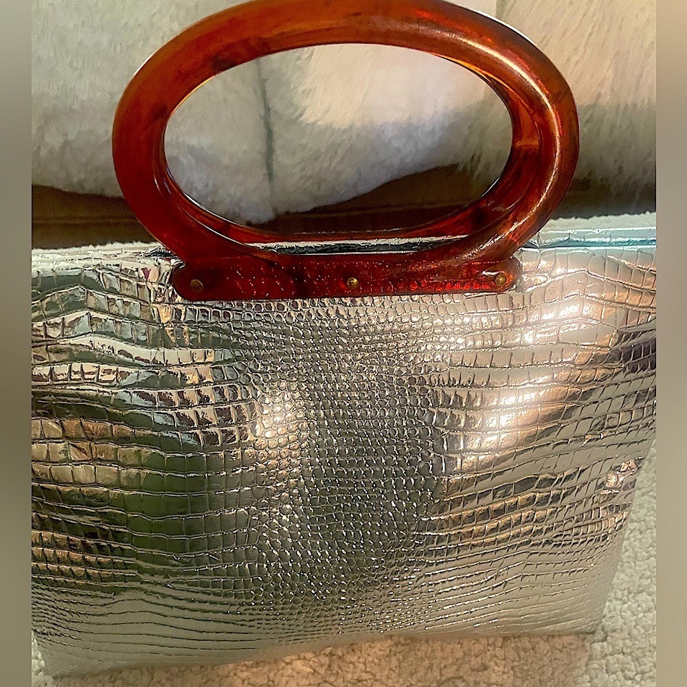 Silver Crocodile-Embossed Zip Closure Metallic Bag with Brown Acrylic Handles